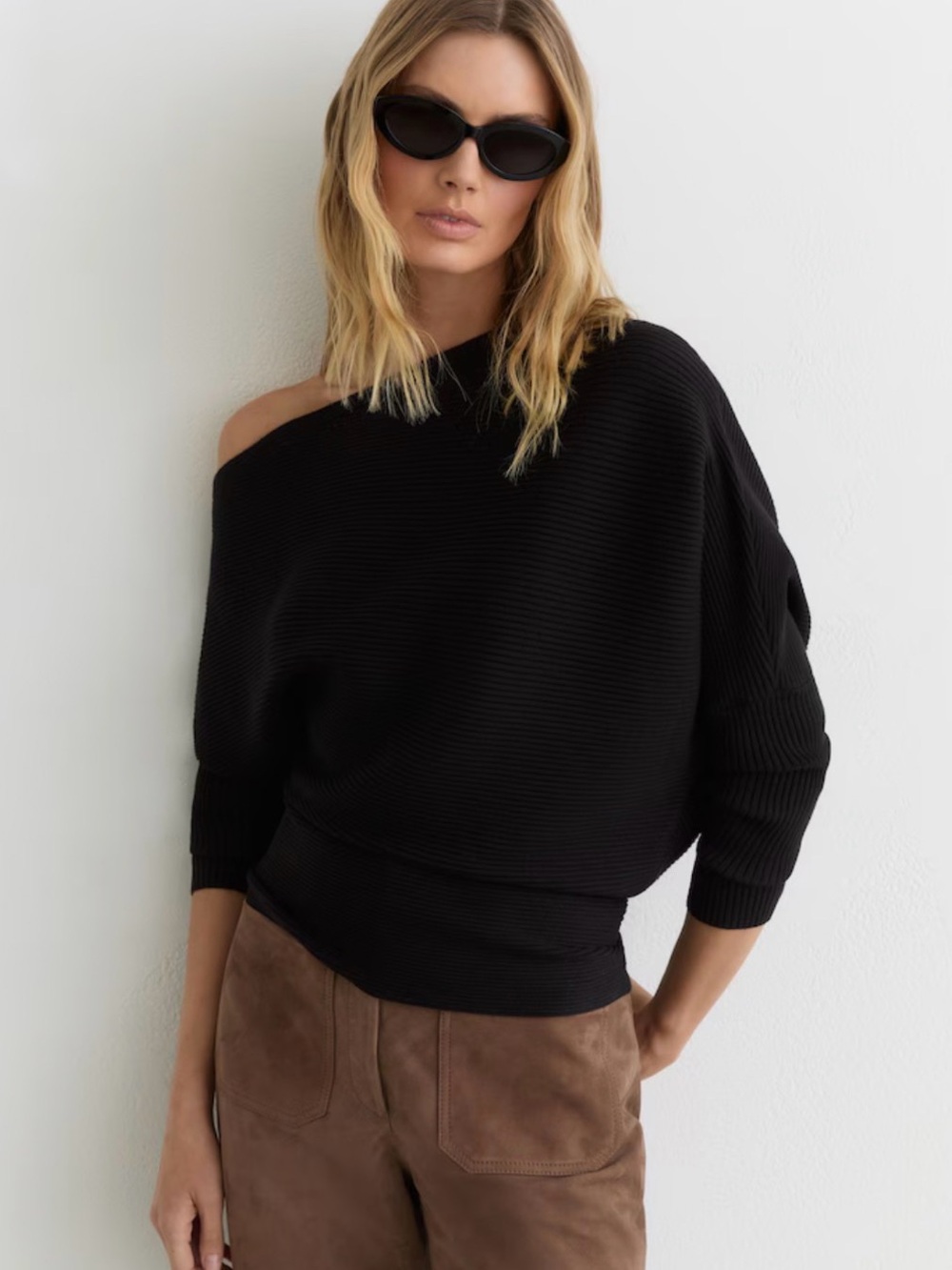 Reiss Black Off-Shoulder Ribbed Sweater